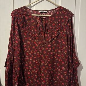 Sonoma Burgundy Floral Blouse with Ruffles
